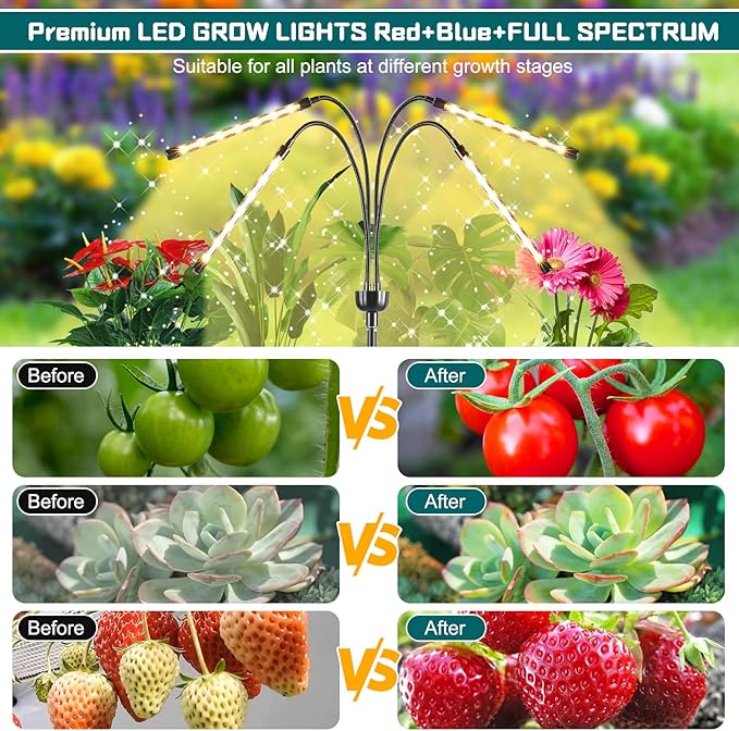 Grow Lights for Indoor Plants Full Spectrum with 15-63 inches Adjustable Tripod Stand Plant Light with 4/8/12H Timer with Remote Control