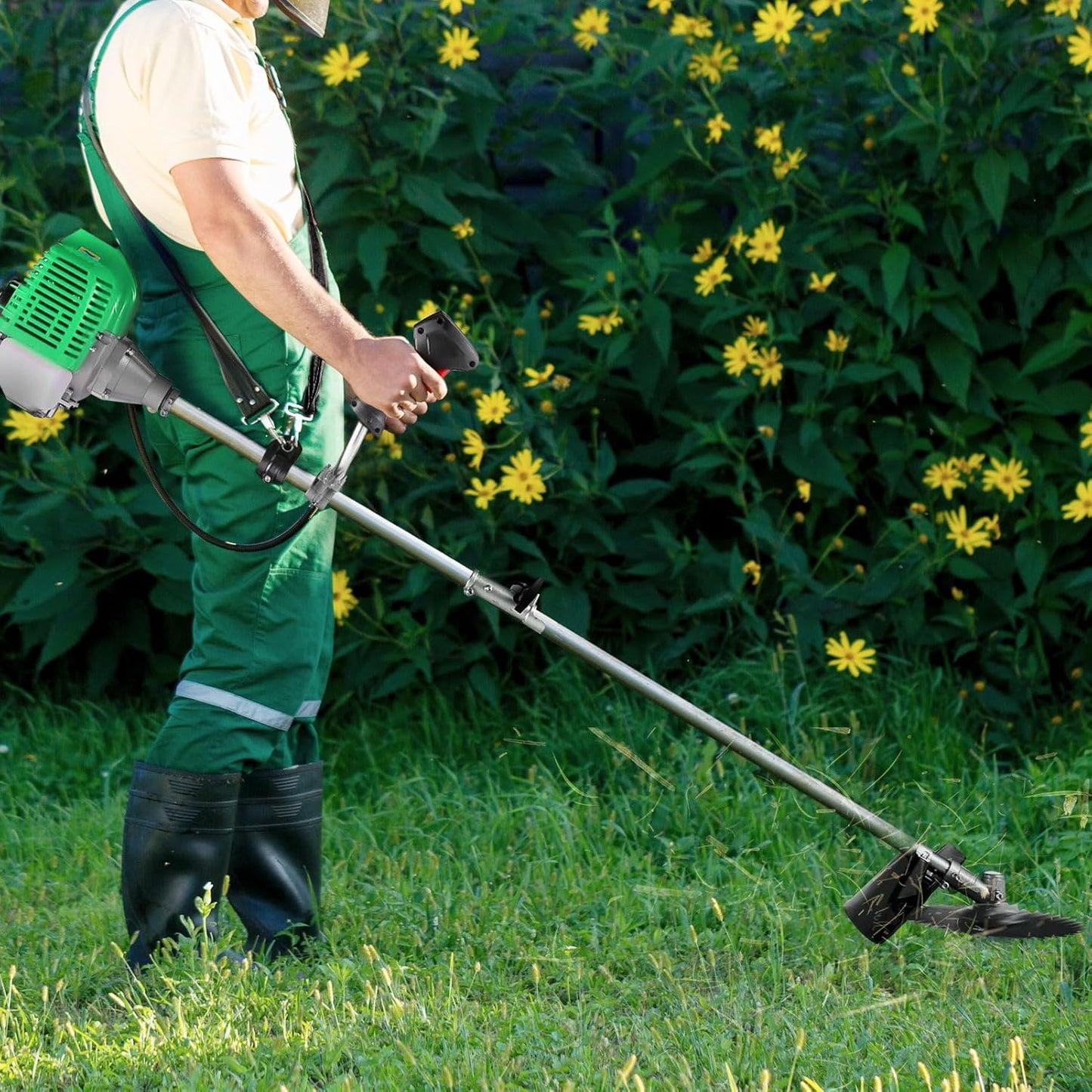 58CC Weed Wacker Brush Cutter, Gas Powered String Trimmer 4-in-1 Gas Weed Eater with 4 Detachable Heads Straight Shaft 2-Cycle for Weed, Brush(Green)