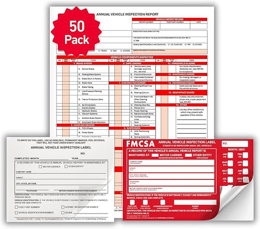 50 Pack 3-Ply Carbonless Annual Vehicle Inspection Report Forms with FMCSA Red Aluminum Labels & White Mylar Laminate Vinyl Labels, DOT Inspection Forms and Stickers, Shrink-Wrapped, 8.5" x 11.75"