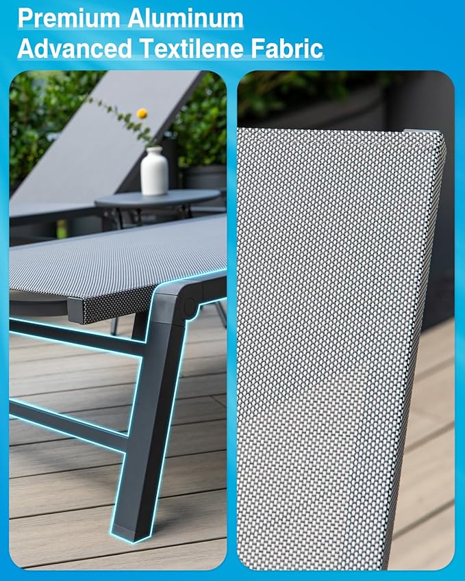 Aluminum Chaise Lounge Chair Outdoor, Foldable Patio Lounge Chair 2 Sets with Table Assemble-Free, Pool Lounge Chairs with 5 Adjustable Backrest, Outdoor Lounge Chairs for Outside Poolside Brown