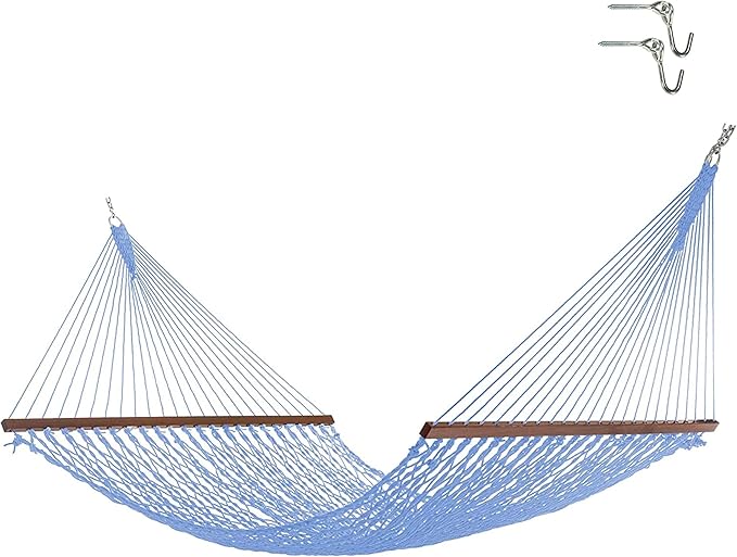 Hatteras Hammocks Deluxe Coastal Blue Duracord Rope Hammock with Free Extension Chains & Tree Hooks, Handcrafted in The USA, 450 LB Weight Capacity, 13 ft. x 60 in