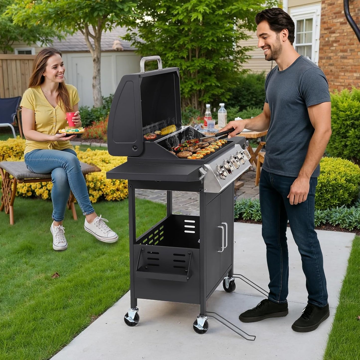 4 Burner Gas Grill with Side Burner, Stainless Steel Foldable Side Tables, 40,000 BTU, with Grease Tray, Easy Assembly for Patio, Backyard (Folding Version)