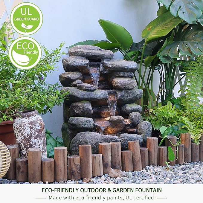 4-Tier Rock Water Fountain Outdoor Waterfall Garden Decor, 23.4" Cascading Waterfall With LED Lights for Patio, Lawn, Backyard, and Home, Faux Stone Design
