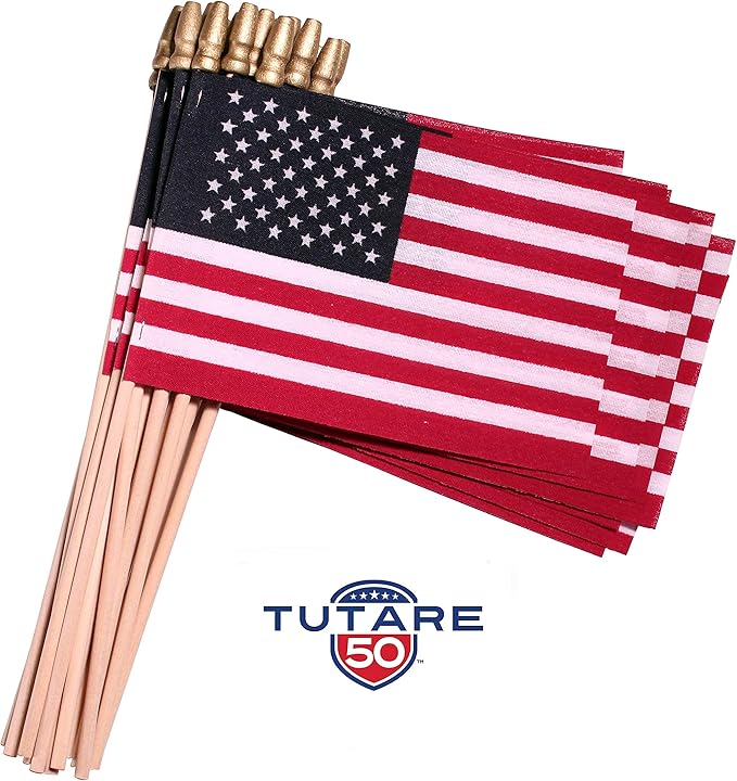 American Flags on Stick - Handheld Spearhead US Flag for 4th of July, Memorial Day Event Decorations - Patriotic Decor for Indoors & Yard - Wooden Stick, Cotton Fabric - (4"X6" - 144 Pack)