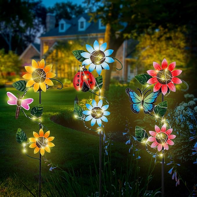 3 Pack Solar Garden Light, Sunflower & Insect Metal Solar Stake Lights, Outdoor Statues Figurine Lights for Spring Garden Lawn Patio Yard Decor
