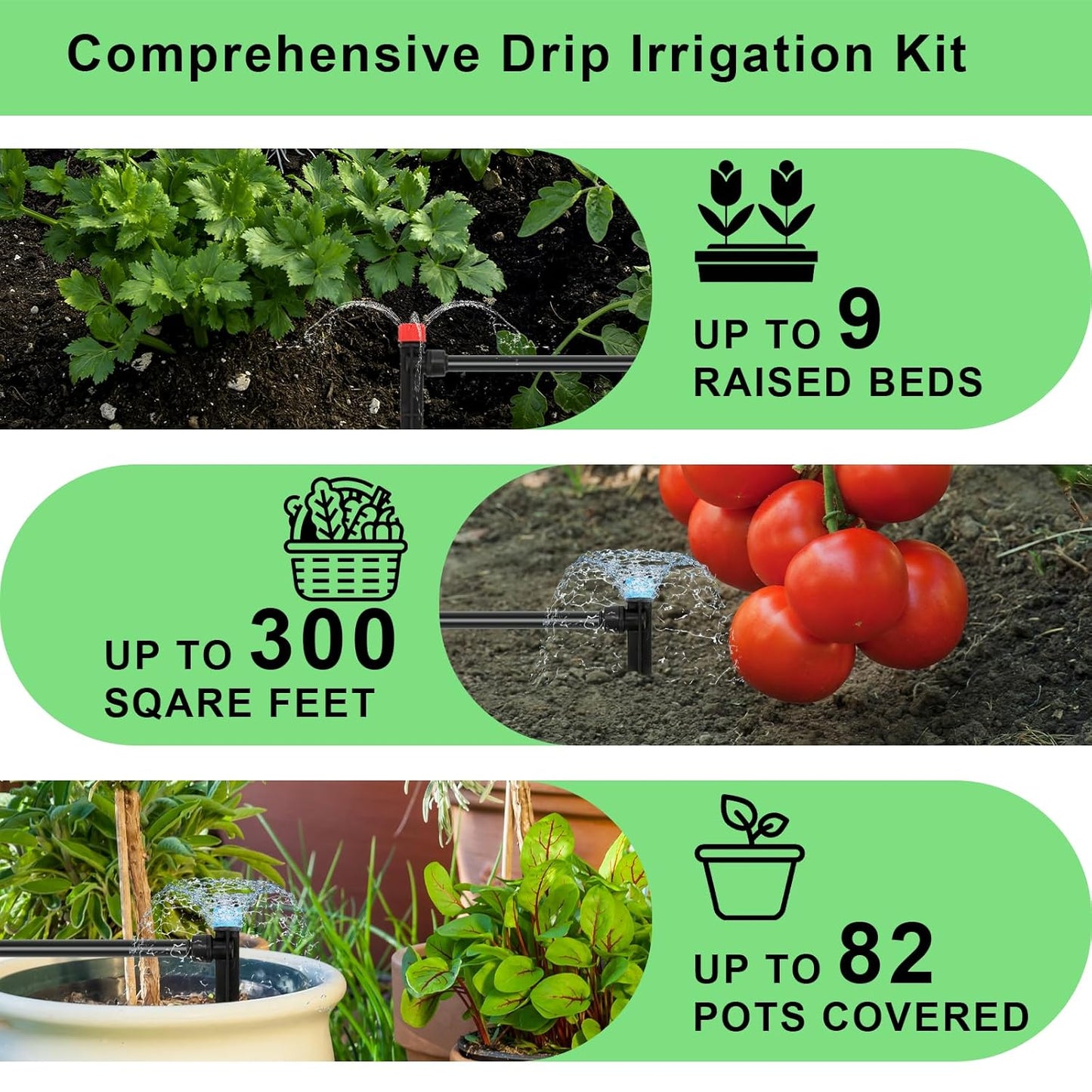 250FT Drip Irrigation Kit – 2025 New Quick-Connect Micro Irrigation System with 50FT 1/2'' Tubing, Locking Nozzle Emitters, Adjustable Misting Sprayers for Gardens, Lawns, Raised Beds and Greenhouses