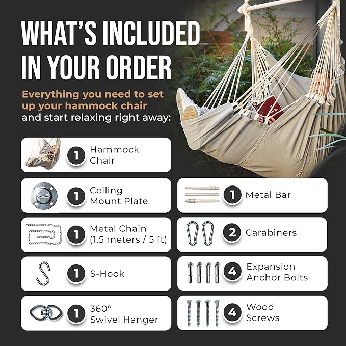 Hanging Hammock Chair Swing – Hanging Chair Outdoor & Indoor - Hammock Swing Chair – Quick & Easy Setup with Hardware Kit – Durable & Spacious Full Body Support – Holds 440 Lbs