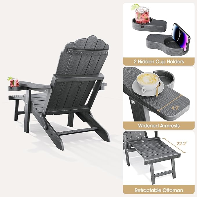 Folding Adirondack Chair Set of 4 with Adjustable Backrest, Adirondack Chair with Retractable Ottoman with 2 Cup Holders, for Pool Deck Beach Garden, Grey