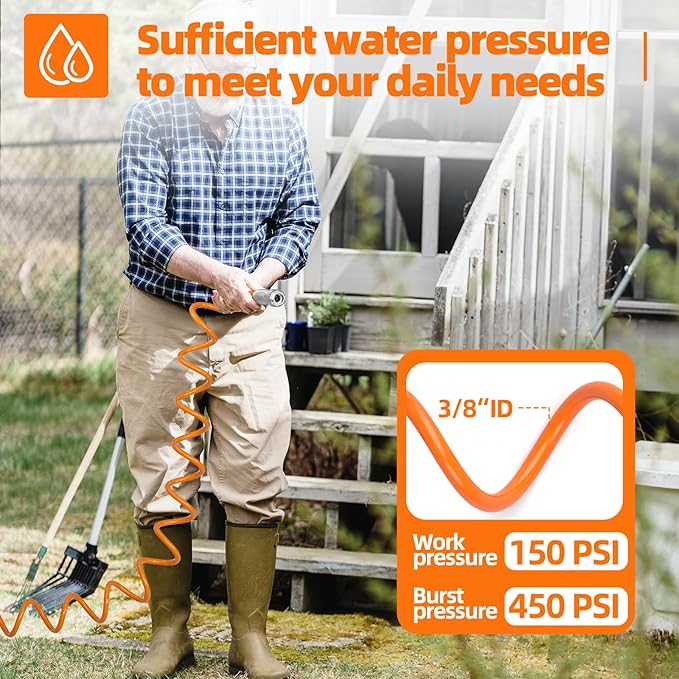 3/8” Lightweight Coil Garden Hose 100 FT, EVA Retractable Curly Water Pipe with 6-Pattern Spray Nozzle for Boat, Greenhouse, Yard, Patio (Orange)