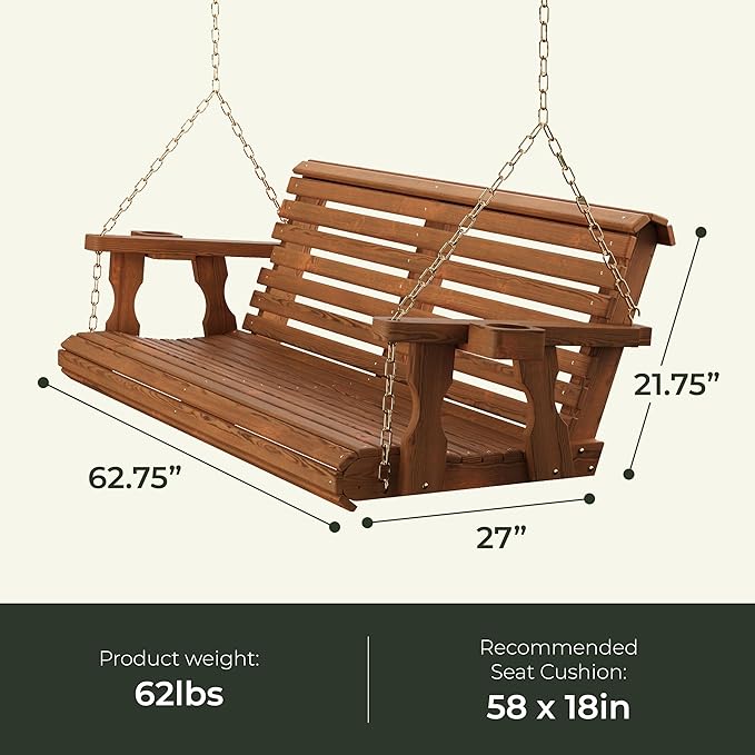 Amish Casual 6 Foot Roll Back Porch Swing with Cup Holders in Cedar Stain - Amish Made in The USA from Treated Pine Heavy Duty 700 Lb. Weight Capacity