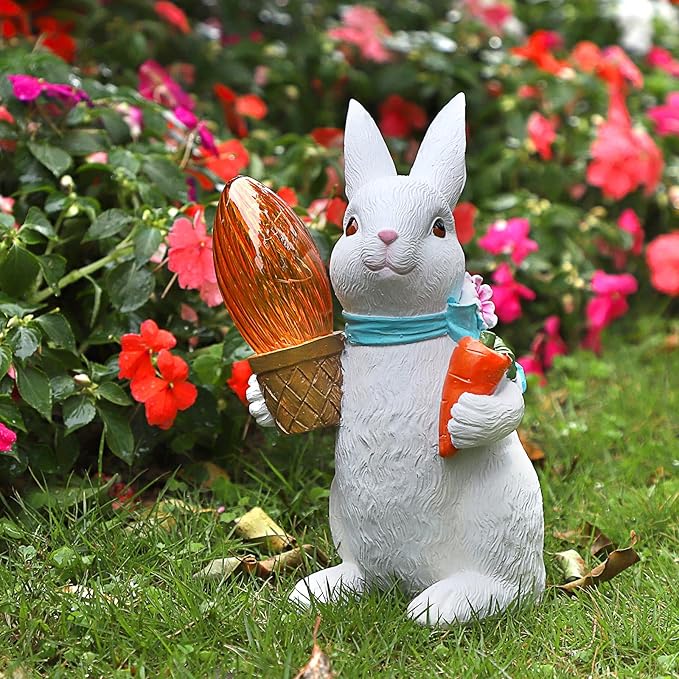 Garden Statues Rabbit with Solar Lights-Easter Bunny Outdoor Decor for Lawn,Balcony-Yard Garden&Patio Decor-Unique Gift for Mom Grandma,Unique Housewarming Gifts and Rabbit Yard Decoration