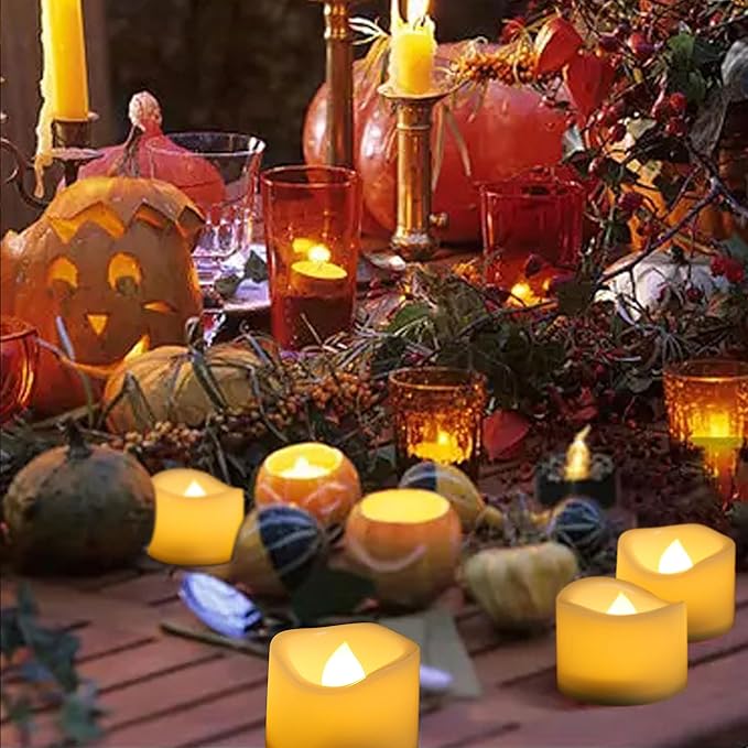 12 Pack Battery Operated Flameless LED Votive Tealight Candles Realistic Flickering Electric Tea Lights Set Bulk Halloween Pumpkin Jack O Lantern Party Wedding Decorations Centerpieces Batteries Incl.