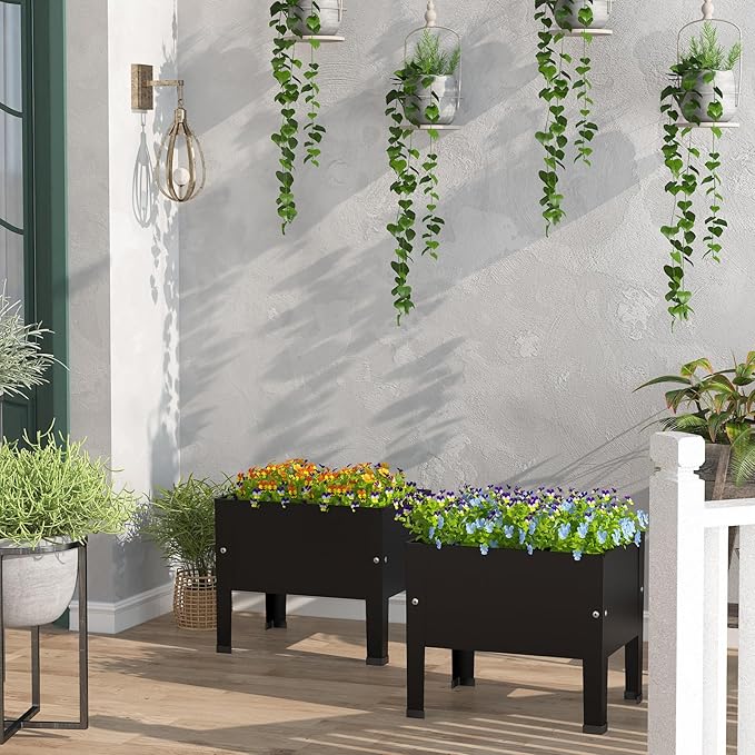 aboxoo 2 Packs 14 Inch Small Planter Raised Garden Bed with Legs,Outdoor Metal Planter Box for Patio,Elevated Garden Bed for Vegetables Flower Herb(Black)
