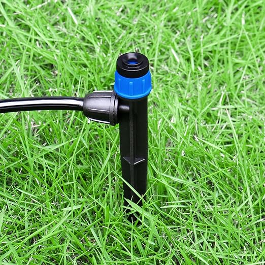 Drip Irrigation Emitters Fittings: Adjustable Irrigation Sprayer for 1/4 inch Drip Tubing Full Circle Vortex Stream Dripper on 5" Arrow Stake Barbed Locked Nuts Connectors (50 Pieces)