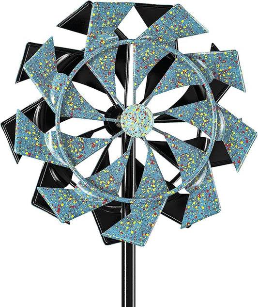 59 inch Outdoor Kinetic Wind Spinner, Double Blade Wind Sculpture with 5 Prong Base, Geometric Metal Windmill for Garden, Lawn & Patio Decoration (Blue Gold)