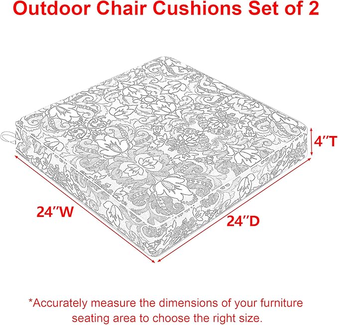 Favoyard Outdoor Chair Cushion 24 x 24 x 4 In Waterproof Pattern Fade Resistant Cushions for Patio Furniture with Removable Cover Attach Straps 28D Foam Insert Cushions Pads for Seat Sofa Couch 2 Pack