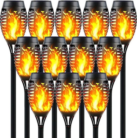 12-Pack Solar Torch Lights with Flickering Flame - 12LED Mini Fire Effect Solar-Powered Tiki Torches, Waterproof Outdoor Lighting with Auto On/Off, Perfect for Garden, Patio & Pathway Decor