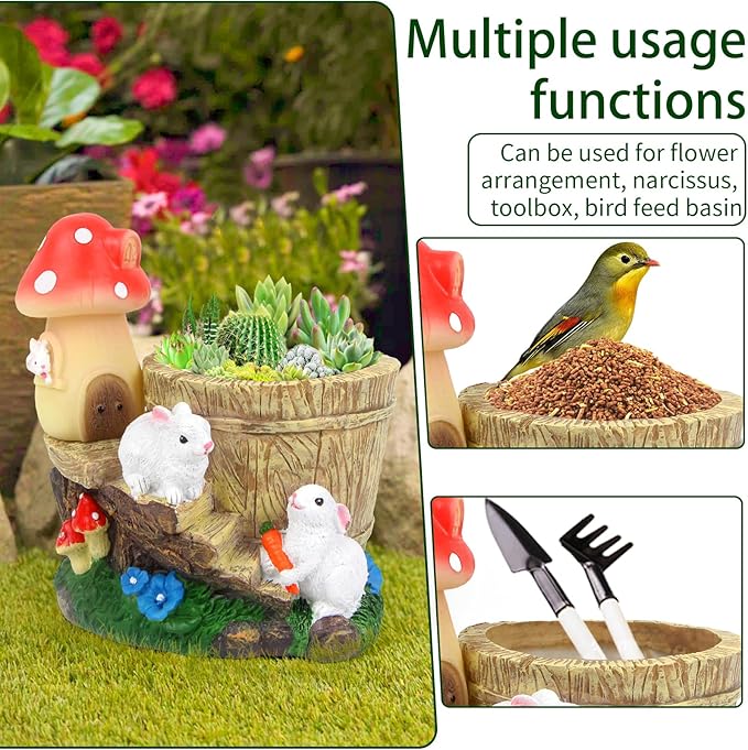 Garden Rabbit Statue,Resin Rabbit Figurine with Solar LED Light,Flower Pots Planters Pots for Succulent,Bunny Statue for Patio Balcony Yard Lawn Decor,Unique Gift for Dad Mom Grandma