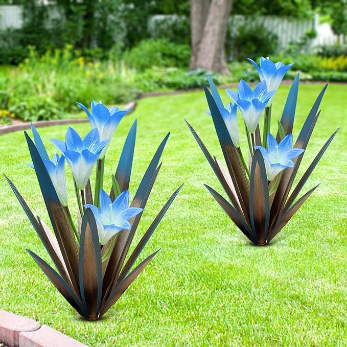 Homight Metal Agave Plant Outdoor Decoration Outdoor Garden Decoration Lily Mexican Yard Art Plant Garden Agave Lily Decorative Garden Gift… (2 Big Blue Lilies)