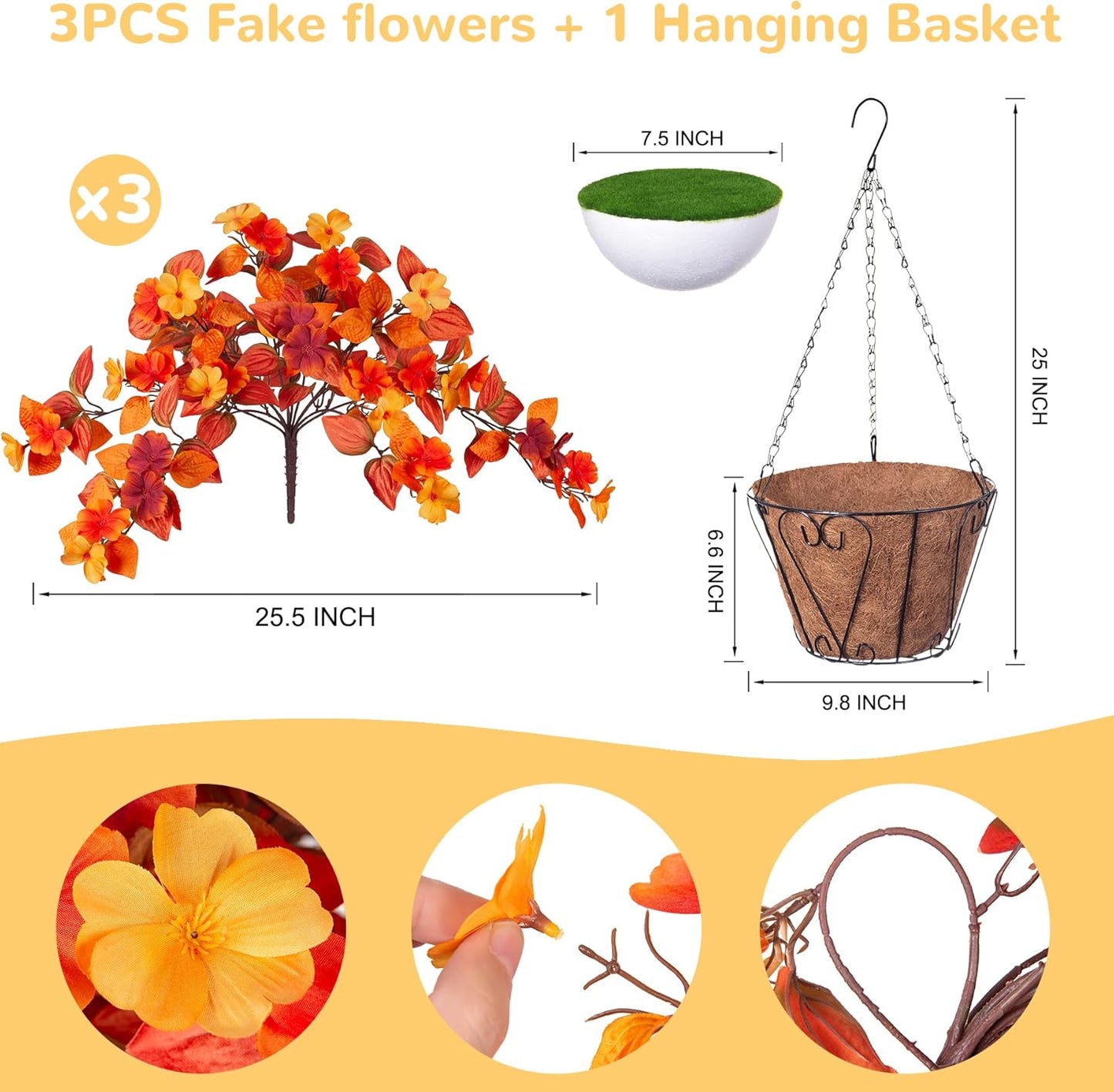 Hanging Artificial Fall Flowers Basket for Outdoors Outside 3PCS Fake Plants Faux Orange Fall Flowers for Outdoors Planters UV Resistant Silk Flowers for Home Porch Patio Garden Autumn Decoration