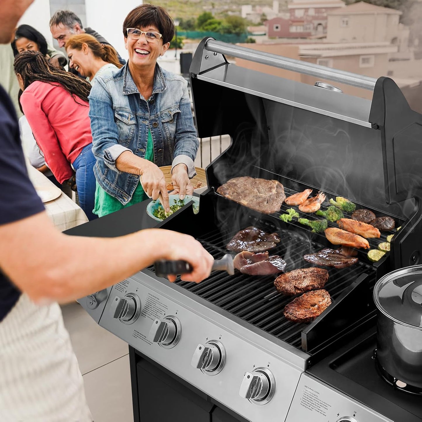 4 Burners Gas Grill with Side Burner, Propane Grill with Wheels and Storage, Outdoor Gas BBQ with Oil Tray and Thermometer for Patio and Party, 49200 BTU