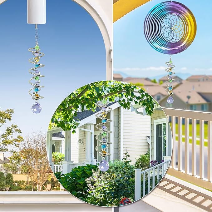 FONMY Gazing Ball Spiral Tail -Decorative Wind Spinner Sun Catcher Rainbow Maker Double-Spiral W/Purple Crystal Ball and Chain Crystals for Indoor Outdoor Garden Decoration -14 inch Height