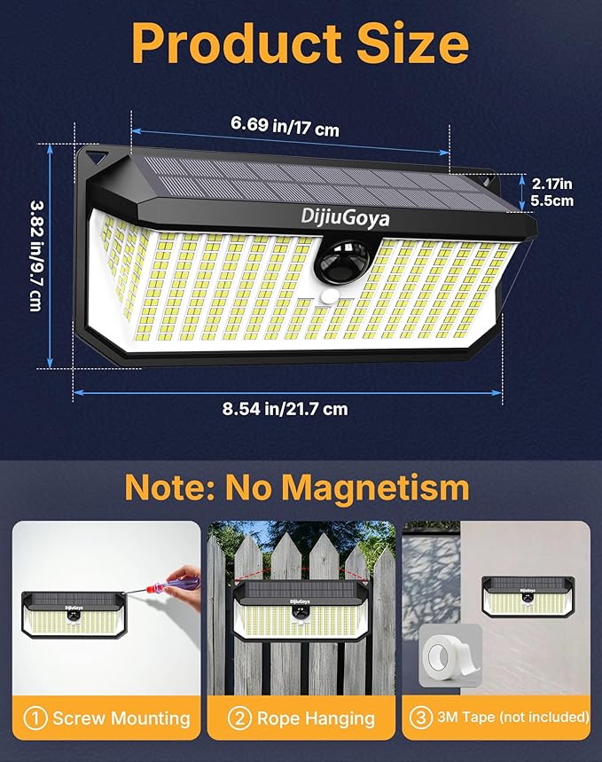 466LED 4000Lm Solar Lights Outdoor Waterproof for Security, 270° Angle & 3 Lighting Modes Motion Sensor Outdoor Lights IP68 Solar Light for Fence Garden Backyard Flood Dusk Garage 2pack