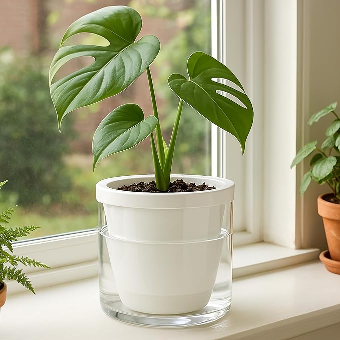 D'vine Dev 6 Inch Design Self Watering Planter for Indoor Plants, White Terracotta Pots with Cylinder Glass Cup, 37-X-B-2