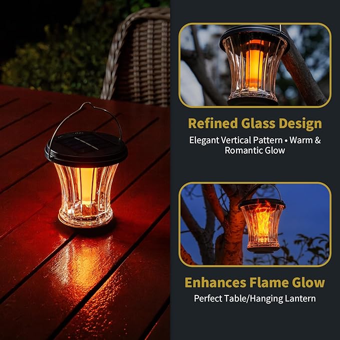 Glass Solar Lantern Outdoor Lights Waterproof, Flickering Flame Solar Lights with Modular Design, Auto On/Off Decorative Hanging Lanterns for Patio Garden Pathway Camping Deck Yard (4 Pack)