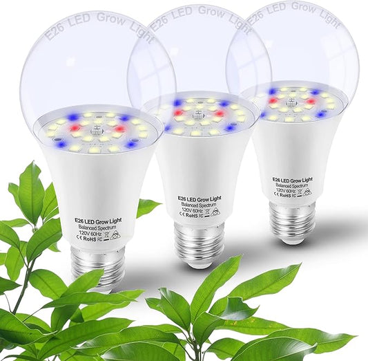 Grow Light Bulbs for Indoor Plants Full Spectrum,E26 A19 Grow LED Lamp Bulb 10W with Balanced Spectrum 5000K Red Blue for Seeds Greens Laboratory,School,Greenhouse, Indore Garden, Hydroponic,3Pack