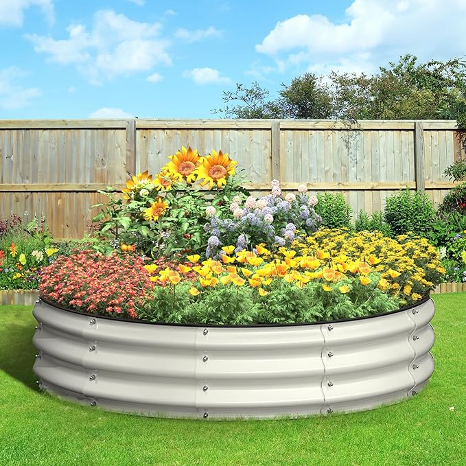 4x4x1 FT Galvanized Raised Garden Bed, Large Round Raised Garden Beds Outdoor Raised Planter Box, Raised Beds for Gardening Vegetables Flower Herb(Pearl White)