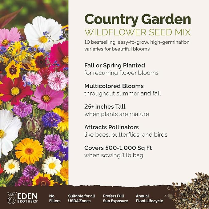 Eden Brothers Country Garden Flower Mixed Seeds for Planting, 1 lb, 480,000+ Seeds with Scarlet Flax, Cosmos Sensation | Attracts Pollinators, Plant in Spring or Fall, Zones 3, 4, 5, 6, 7, 8, 9, 10