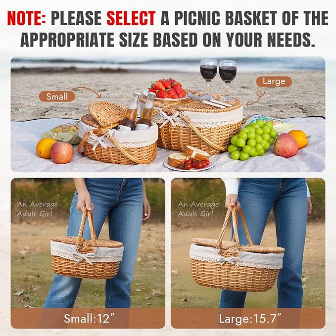 Happypicnic 12" Picnic Basket - Small Wicker Basket with Foldable Handle Lid & Removable Liner | Cute Picnic Basket Toy Empty for Kids, Gift, Halloween, Christmas, Valentines, Easter, Birthday, Flower