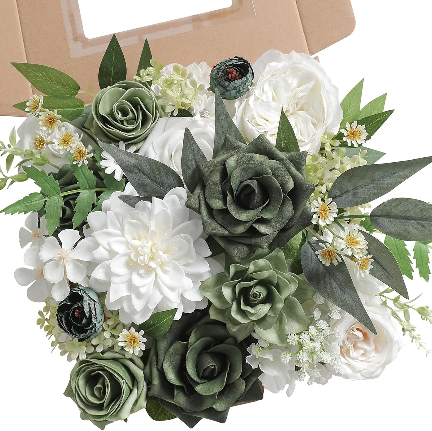 Forest Green Artificial Flowers Silk Fake Roses Peonies Greenery Combo Box Set for DIY Wedding Bouquets Bridal Shower Centerpieces Floral Arrangements Party Tables Home Decoration