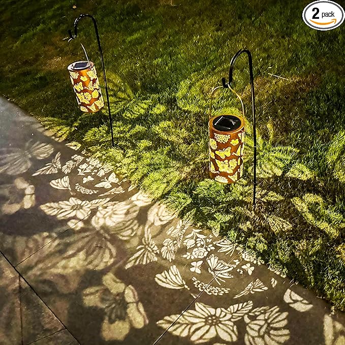 2 Pack Butterfly Solar Gardening Gifts Lanterns Decorative Outdoor, Flower Pattern Solar Hanging Lights Waterproof, Garden Decor Gifts for Women Mom Grandma, Yard Gifts for Patio, Pathway