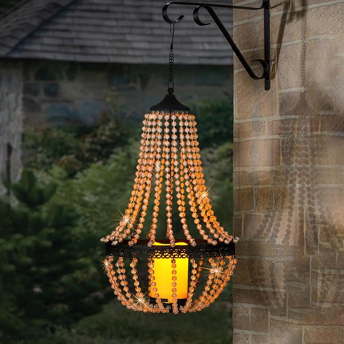 Hanging Candle Lantern, 27” Battery Operated Modern Clear Acrylic Crystal Chandeliers with Flickering Yellow Led Candle Light S Hooks for Garden, Backyard, Gazebo, Room Indoor Outdoor Decor