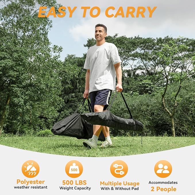 2 Person Outdoor Hammock with Stand, Cotton Rope Hammock with Polyester Pad, Adjustable Steel Frame, Portable with Carrying Bag – for Patio, Backyard, Garden, Beach, Urban-Gray