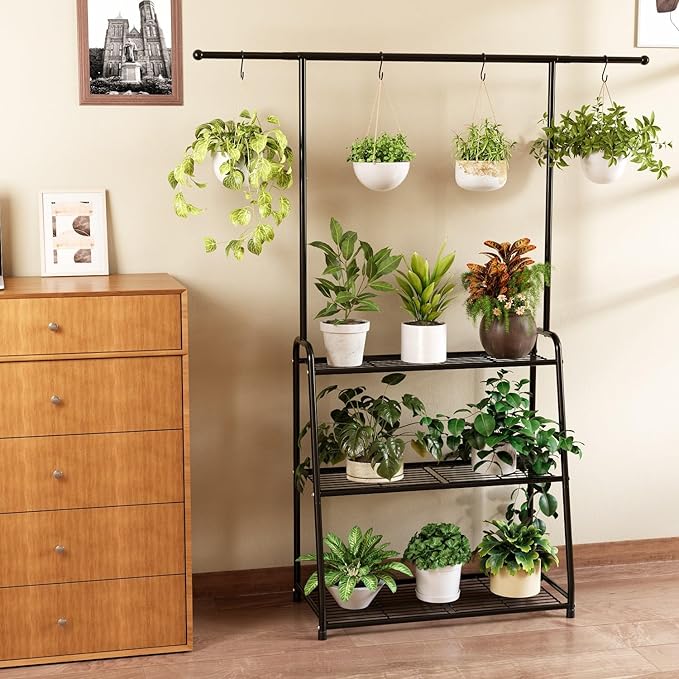 3-Tier Heavy-Duty Metal Plant Stand for Indoor and Outdoor Use, Hanging Plant Shelf for Multiple Flower Planter Holder, Tall Large Rack Ideal for Living Room, Garden, Balcony, Black