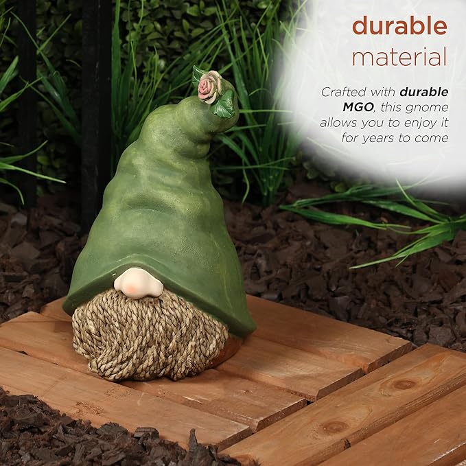 Alpine Corporation QWR1440 Gnome Head with Sculpted Rope Beard and Flower on Hat, Playful Décor for Garden & Patio, 10" H, Green