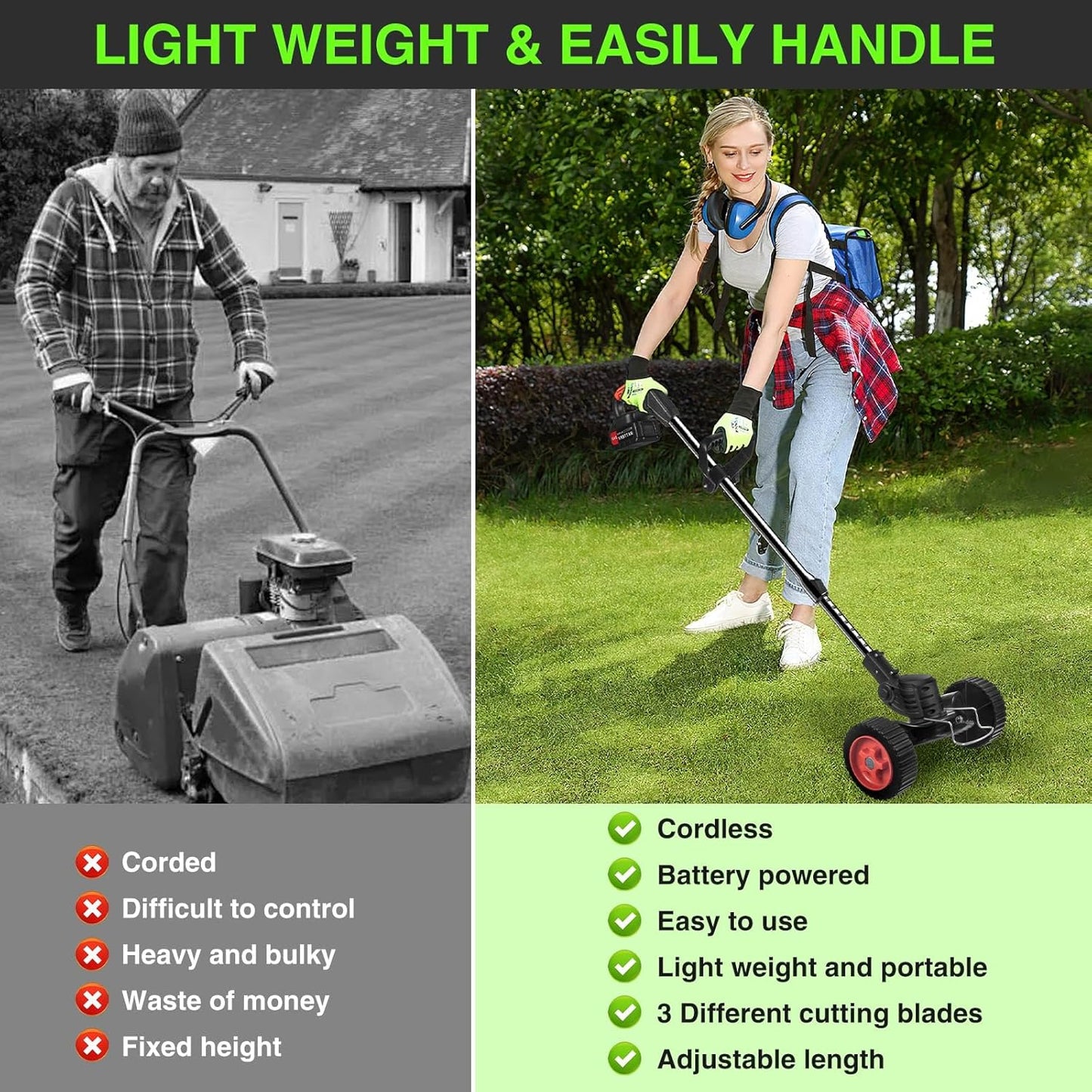 Electric Weed Wacker Cordless with Wheels: Electric Weed Wacker Battery Powered 24V 4.0Ah - Cordless String Trimmer for Lawn Garden Glass Pruning Trimming, Black