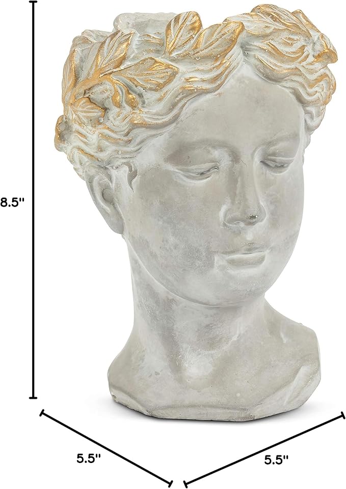 Abbott Collection Aphrodite Head Planter – Medium Indoor and Outdoor Planter Pots - Whimsical Woman Statue Head Planter for Flowers and Succulents (8.5 inch, Grey/Gold)