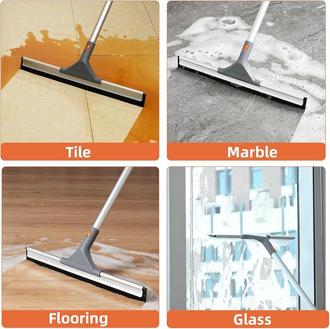 Eazer Floor Squeegee Broom: Heavy Duty Scrubber with Extendable 50.3'' Aluminum Pole and Rubber Blade for Kitchen, Swimming Pool, Concrete Floors,Shower,Tiles,Garages,Windows,Glass,Pet Hair Removal
