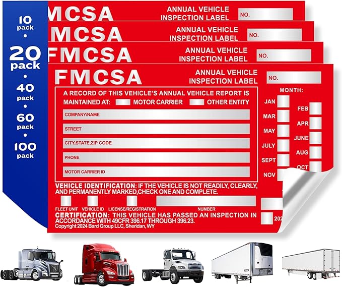 20-Pack DOT Compliant Aluminum Annual Vehicle Inspection Label – Red FMCSA Label with Punch Boxes