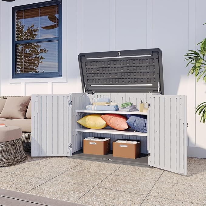 Aoxun White Outdoor Storage Cabinet with 2 Shelves, 35 Cu.Ft Trash Can Storage Shed, Waterproof, Horizontal Storage for Garbage Bin, Generator, Lawn Mower