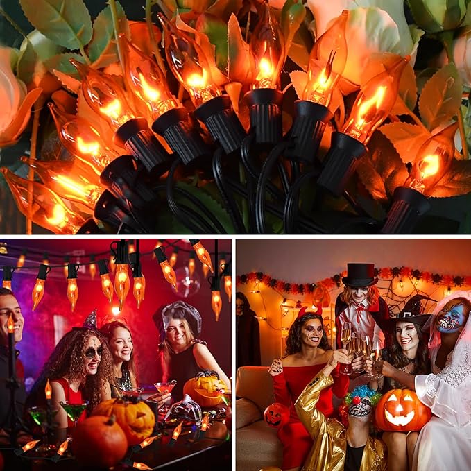 27.8Ft Flickering Flame String Lights Orange Halloween Lights with 25 Pack C7 Orange Flame Light Bulbs, Orange Flame String Lights for Halloween Decorations for Home Party Yard (2 Spare Bulbs)