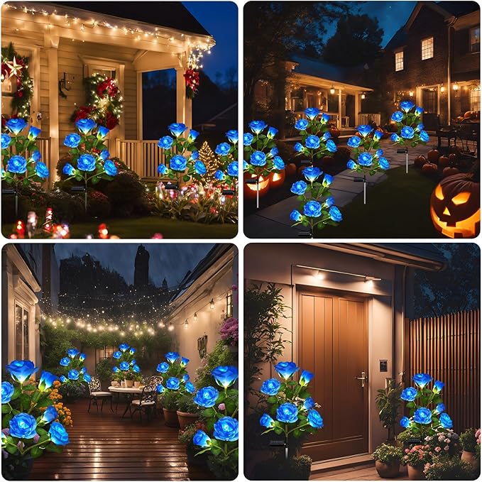 DWH 2 Pack Solar Garden Lights Outdoor, 7-Flower Rose LED Stake Light for Yard Patio Pathway Lawn Fence Cemetery, Blue