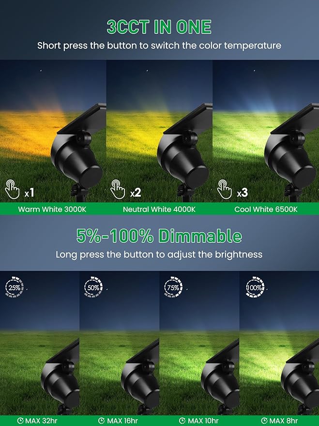 3CCT Solar Spot Lights Outdoor Dimmable, Solar Landscape Spotlights IP65 Waterproof, Dusk-to-Dawn Flag Pole Lights for Garden Yard Landscape Decorations, 4 Pack