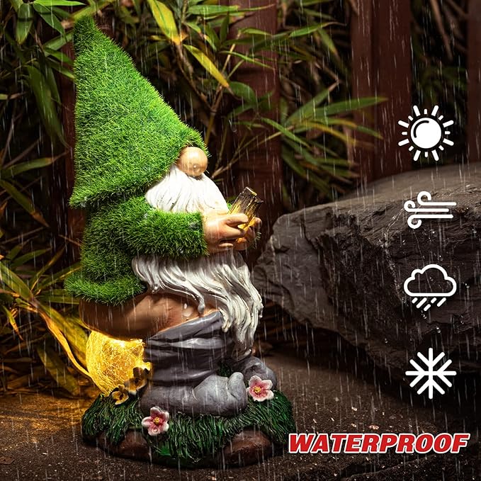 Garden Gnome Statues - Resin Gnome Figurine Sitting on Solar Crackle Glass Globe Lights, Funny Garden Gnome Ornament for Patio Yard Lawn Porch Outdoor Decor
