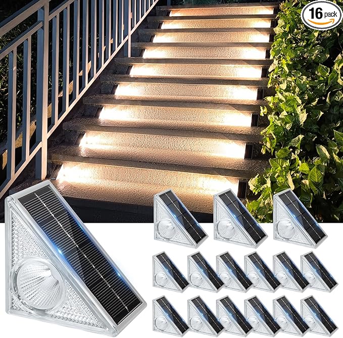 Ellasay Stair Lights Outdoor 16 Pack,10 Color Modes Solar Step Lights for Outside, Waterproof IP65 Solar Lights for Garden Stair,Patio,Deck,Yard,Front Step, Front Porch Decor