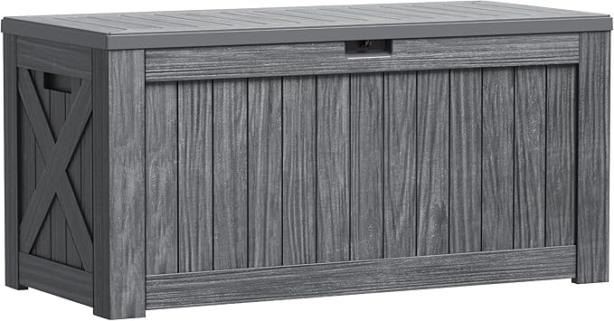 Greesum 120 Gallon Outdoor Storage Box with Lock - Large Resin Deck Box, Reinforced Lid for Garden, Patio, Lawn, Gray